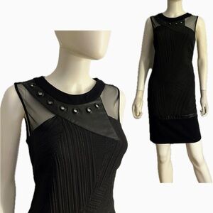 NWT‎ Mini Black Cocktail Dress Sleeveless Bodycon Mesh Studded Leather Accent